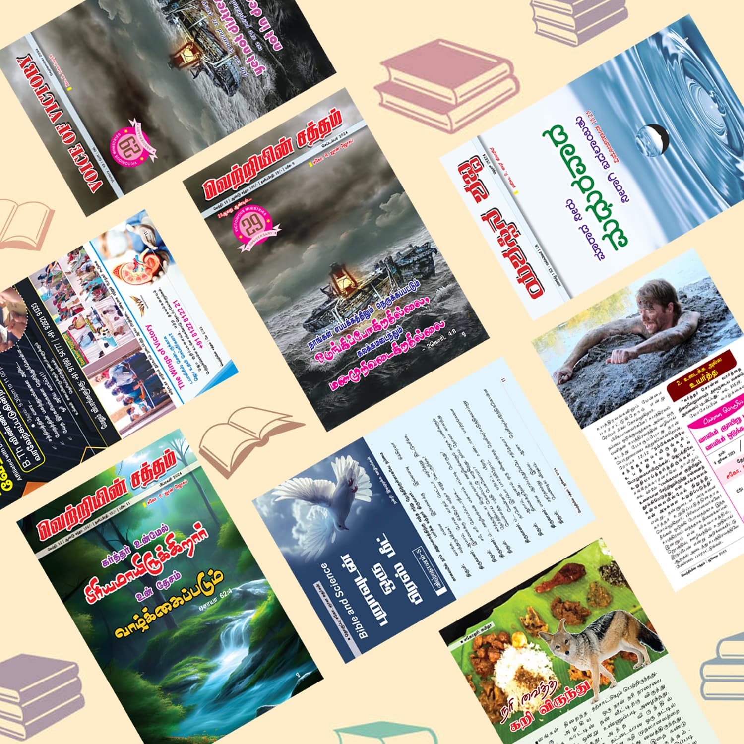 A collage of covers and inside pages from the ministry's magazine.